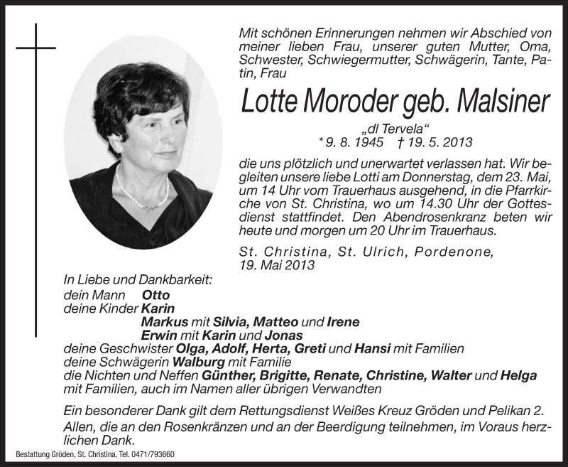  Traueranzeige für Lotte Moroder vom 21.05.2013 aus Dolomiten