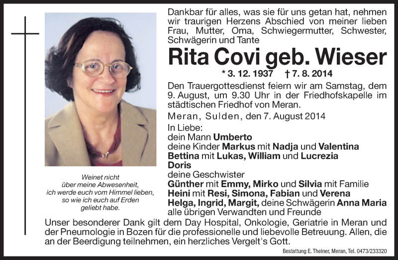  Traueranzeige für Rita Covi vom 08.08.2014 aus Dolomiten