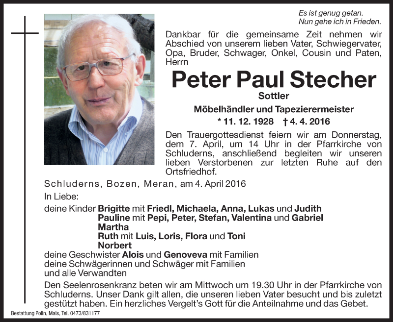  Traueranzeige für Peter Paul Stecher vom 06.04.2016 aus Dolomiten