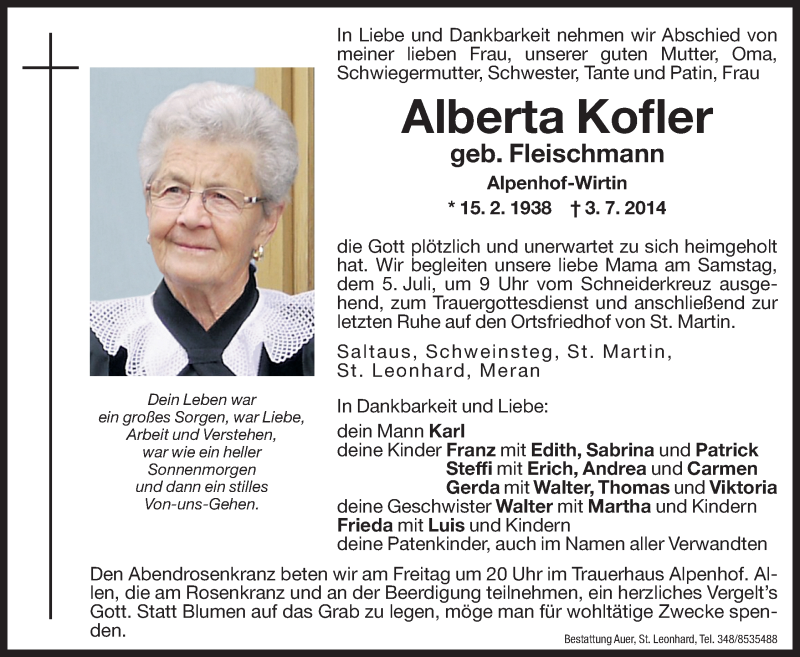  Traueranzeige für Alberta Kofler vom 04.07.2014 aus Dolomiten