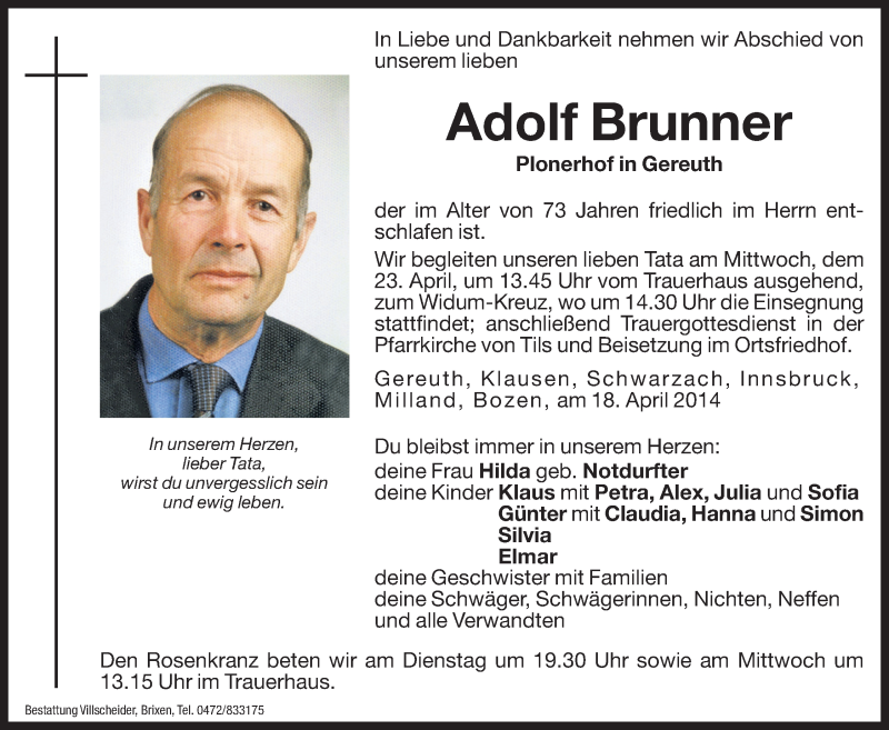  Traueranzeige für Adolf Brunner vom 22.04.2014 aus Dolomiten
