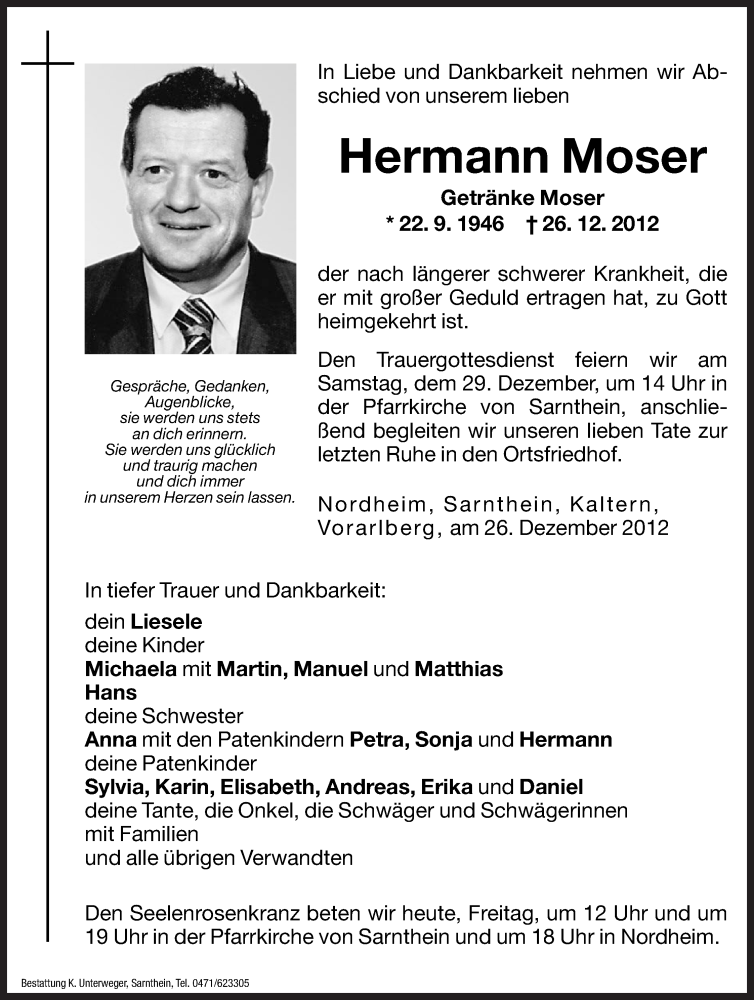  Traueranzeige für Hermann Moser vom 28.12.2012 aus Dolomiten