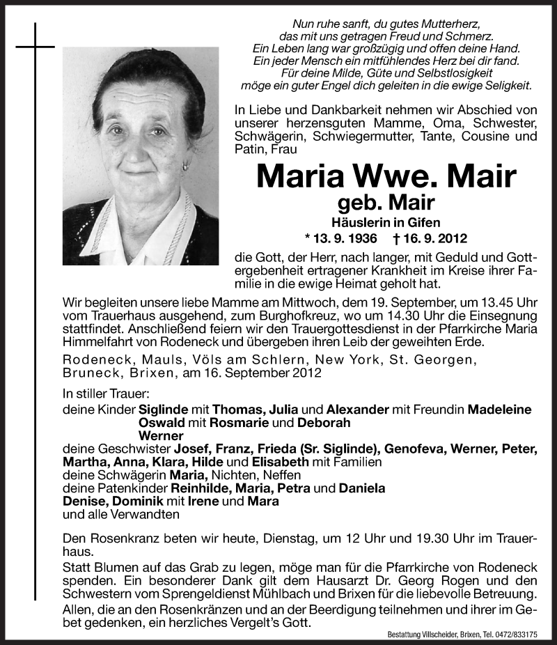  Traueranzeige für Maria Mair vom 18.09.2012 aus Dolomiten
