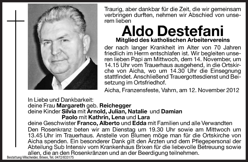  Traueranzeige für Aldo Destefani vom 13.11.2012 aus Dolomiten