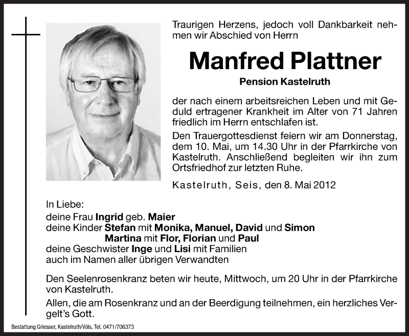  Traueranzeige für Manfred Plattner vom 09.05.2012 aus Dolomiten