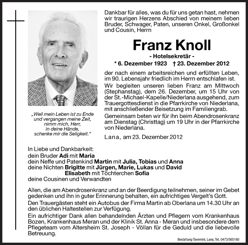  Traueranzeige für Franz Knoll vom 24.12.2012 aus Dolomiten