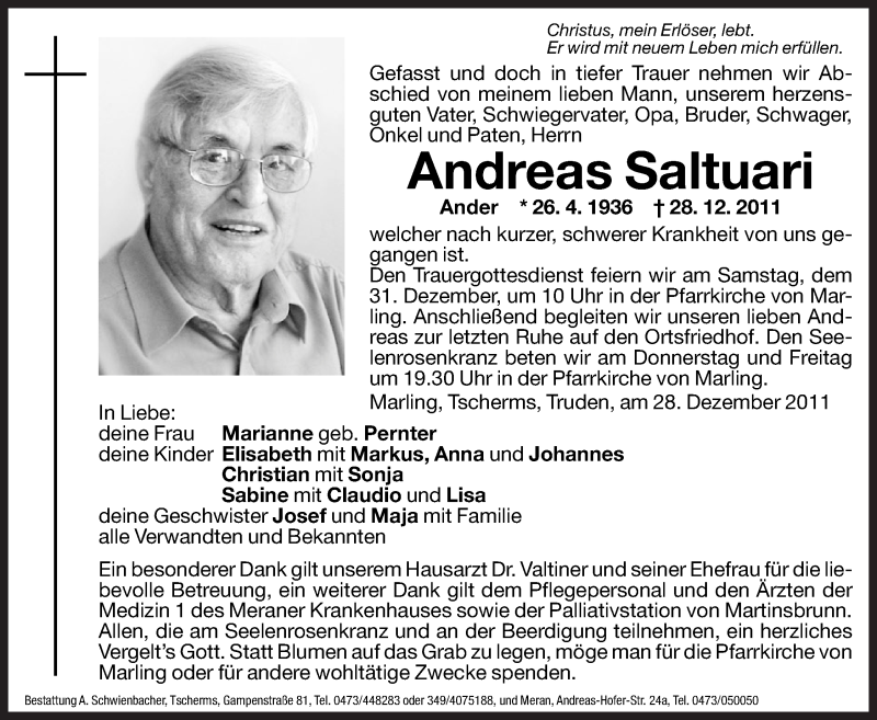  Traueranzeige für Andreas Saltuari vom 29.12.2011 aus Dolomiten