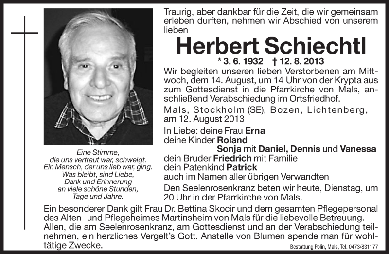  Traueranzeige für Herbert Schiechtl vom 13.08.2013 aus Dolomiten