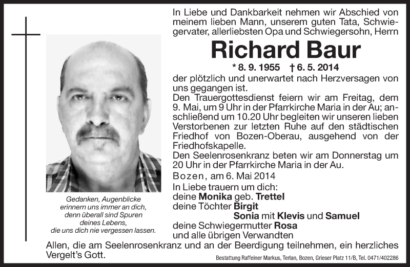  Traueranzeige für Richard Baur vom 07.05.2014 aus Dolomiten