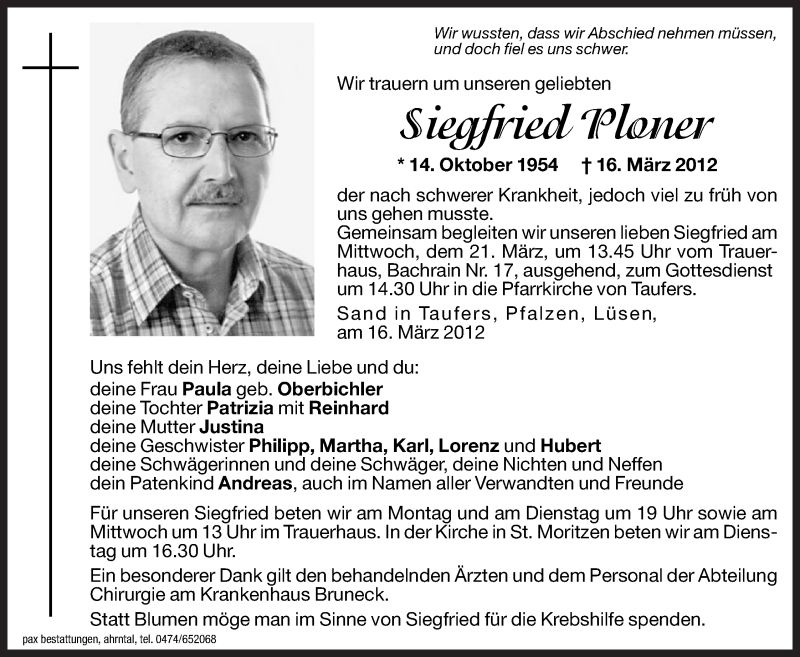  Traueranzeige für Siegfried Ploner vom 19.03.2012 aus Dolomiten