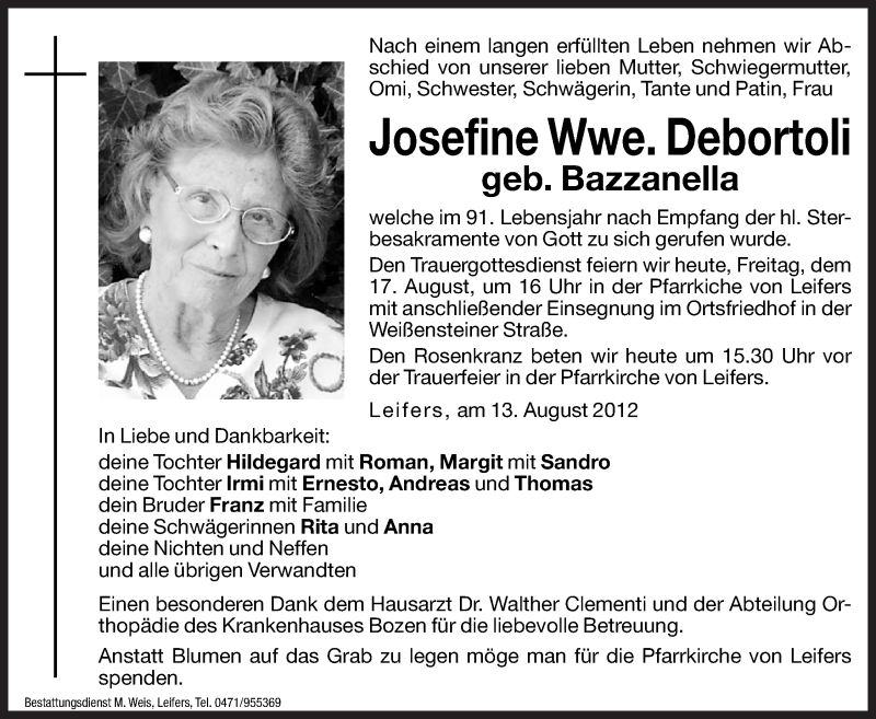  Traueranzeige für Josefine Debortoli vom 17.08.2012 aus Dolomiten