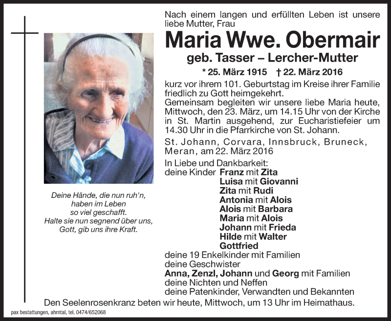  Traueranzeige für Maria Obermair vom 23.03.2016 aus Dolomiten