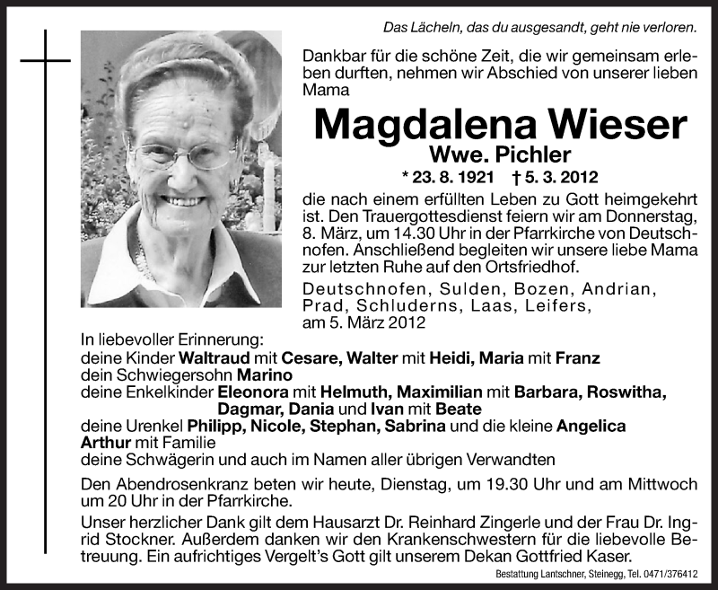  Traueranzeige für Magdalena Wieser vom 06.03.2012 aus Dolomiten