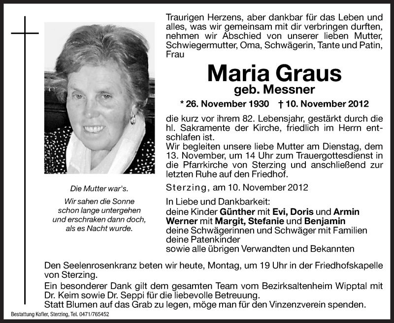  Traueranzeige für Maria Graus vom 12.11.2012 aus Dolomiten