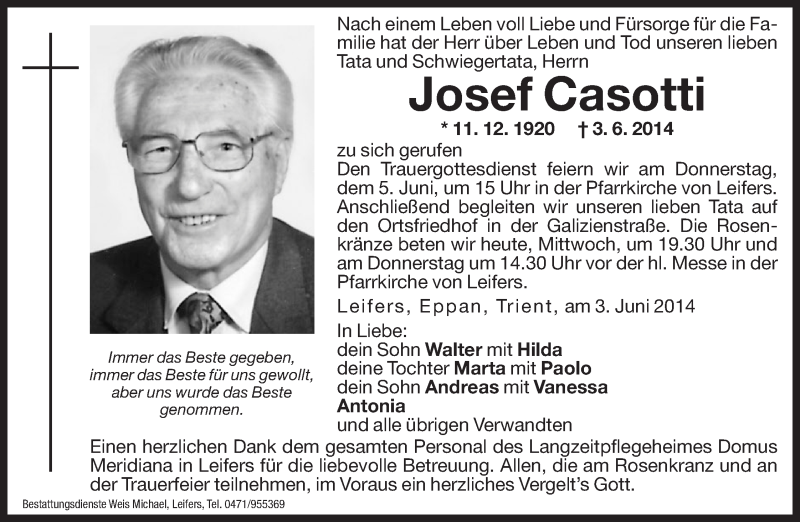  Traueranzeige für Josef Casotti vom 04.06.2014 aus Dolomiten