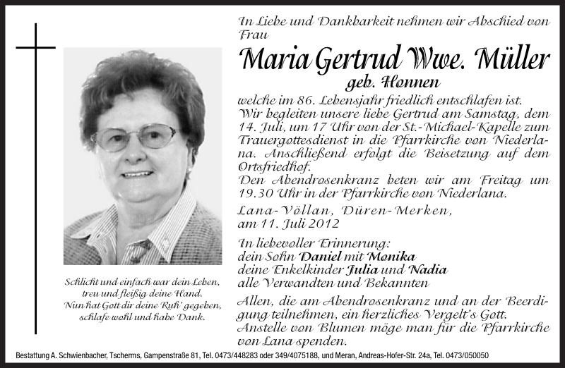  Traueranzeige für Maria Gertrud Müller vom 13.07.2012 aus Dolomiten