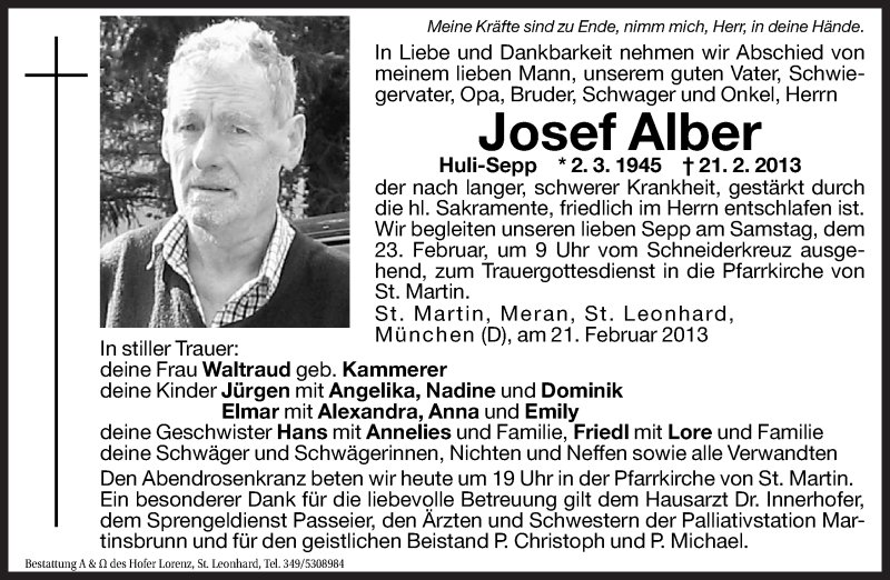  Traueranzeige für Josef Alber vom 22.02.2013 aus Dolomiten