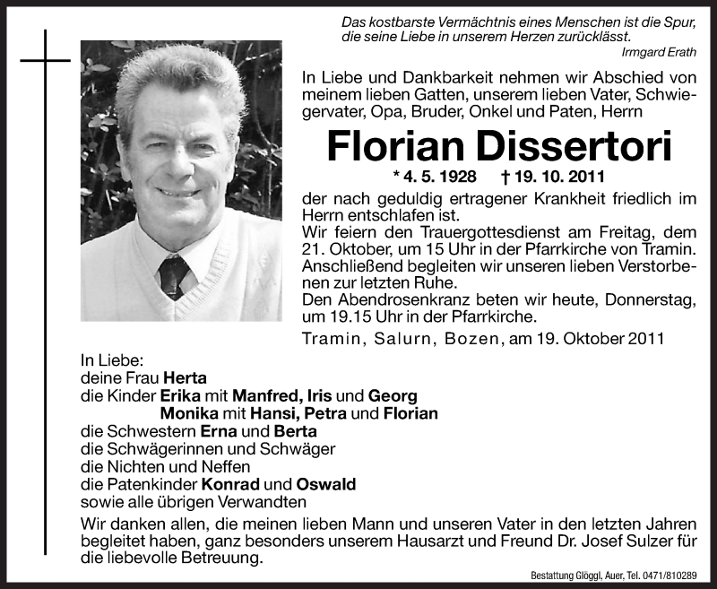  Traueranzeige für Florian Dissertori vom 20.10.2011 aus Dolomiten