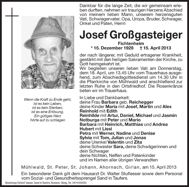  Traueranzeige für Josef Großgasteinger vom 16.04.2013 aus Dolomiten