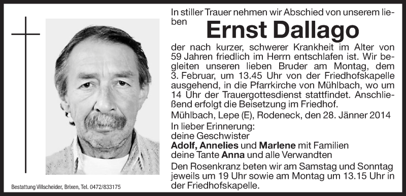  Traueranzeige für Ernst Dallago vom 31.01.2014 aus Dolomiten