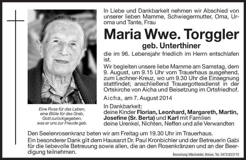  Traueranzeige für Maria Torggler vom 08.08.2014 aus Dolomiten