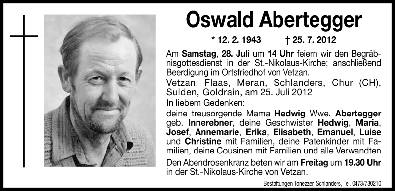  Traueranzeige für Oswald Abertegger vom 27.07.2012 aus Dolomiten