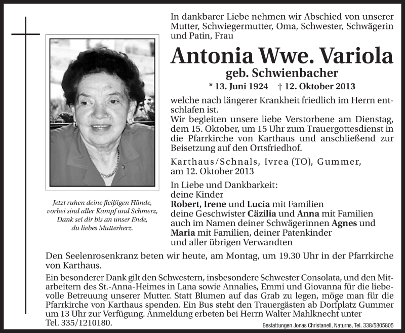  Traueranzeige für Antonia Variola vom 14.10.2013 aus Dolomiten