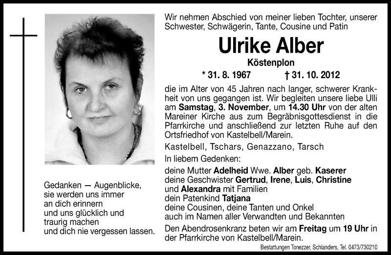  Traueranzeige für Ulrike Alber vom 02.11.2012 aus Dolomiten