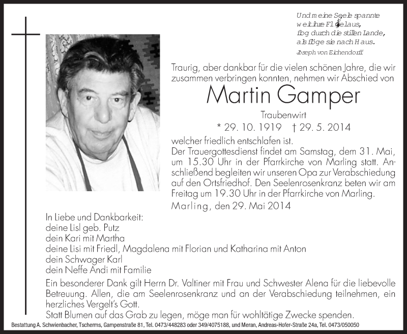  Traueranzeige für Martin Gamper vom 30.05.2014 aus Dolomiten