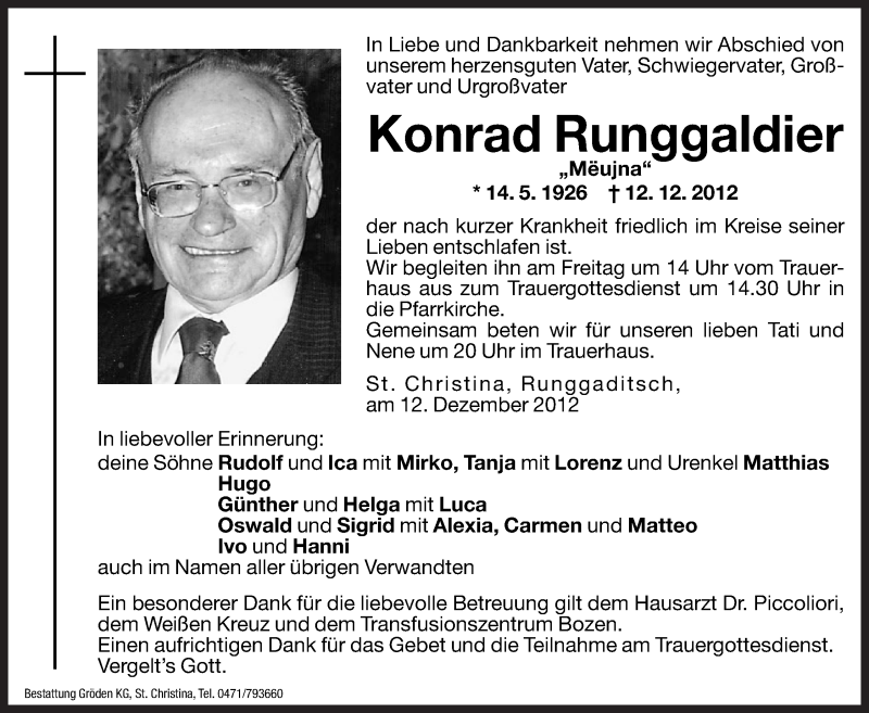  Traueranzeige für Konrad Runggaldier vom 13.12.2012 aus Dolomiten