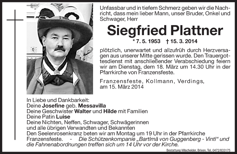  Traueranzeige für Siegfried Plattner vom 17.03.2014 aus Dolomiten