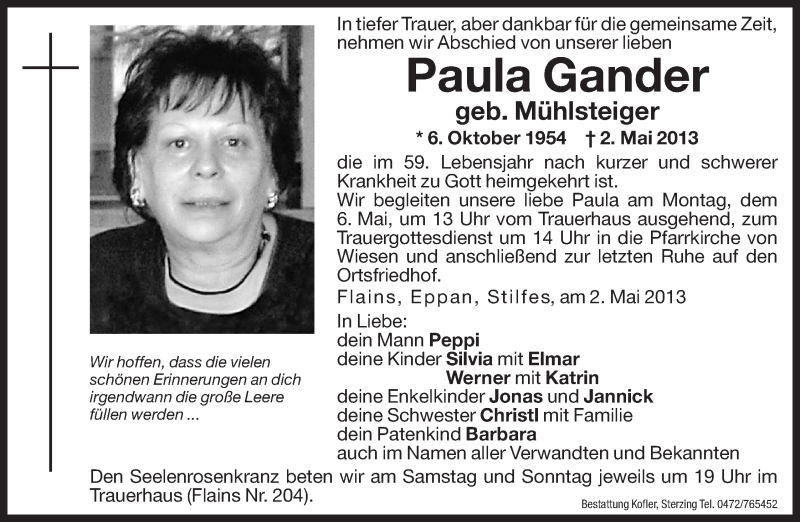  Traueranzeige für Paula Gander vom 04.05.2013 aus Dolomiten