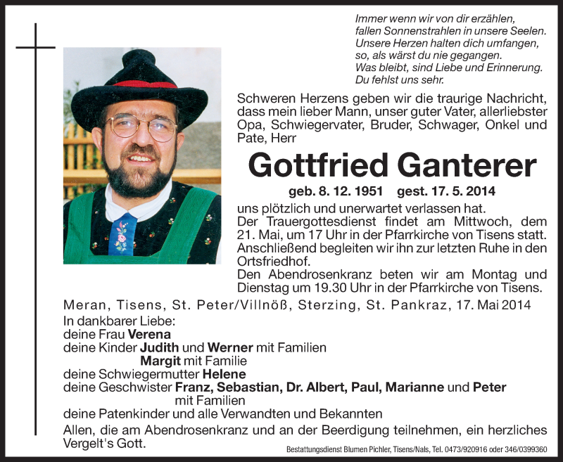  Traueranzeige für Gottfried Ganterer vom 19.05.2014 aus Dolomiten