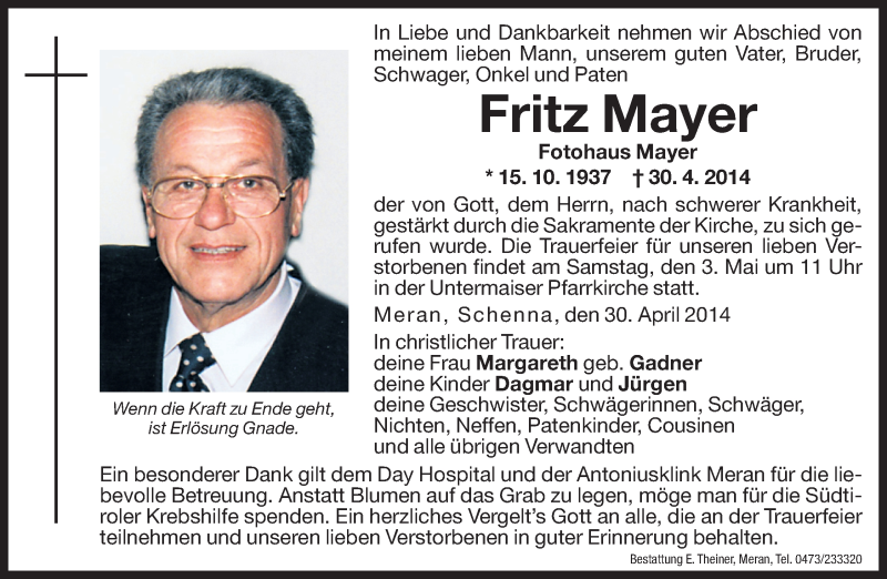  Traueranzeige für Fritz Mayer vom 03.05.2014 aus Dolomiten