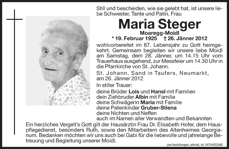  Traueranzeige für Maria Steger vom 27.01.2012 aus Dolomiten