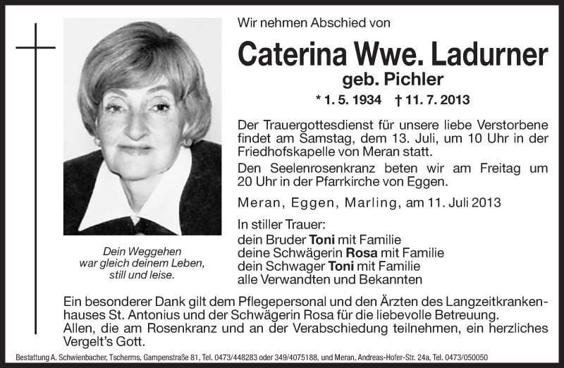  Traueranzeige für Caterina Ladurner vom 12.07.2013 aus Dolomiten