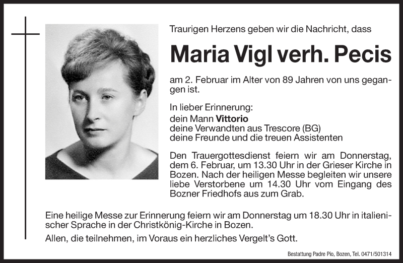  Traueranzeige für Maria Vigl vom 05.02.2014 aus Dolomiten