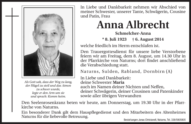  Traueranzeige für Anna Albrecht vom 07.08.2014 aus Dolomiten