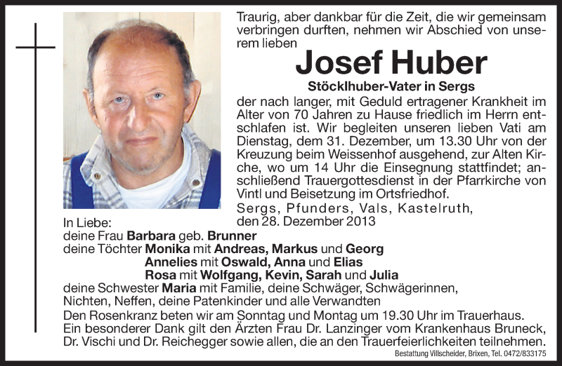  Traueranzeige für Josef Huber vom 30.12.2013 aus Dolomiten