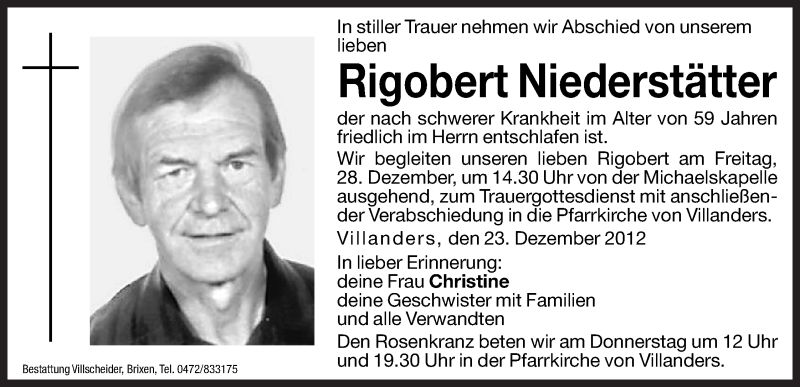  Traueranzeige für Rigobert Niederstätter vom 27.12.2012 aus Dolomiten