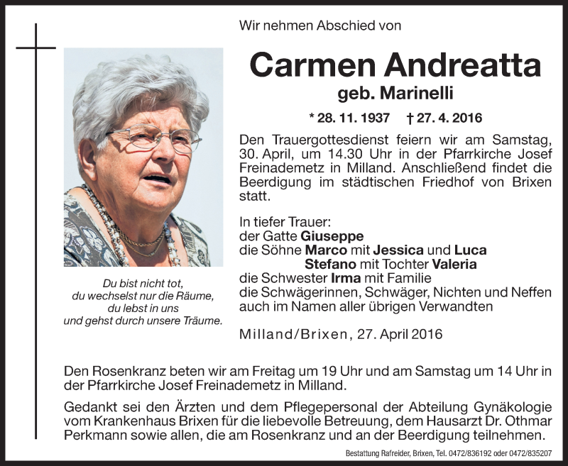  Traueranzeige für Carmen Andreatta vom 29.04.2016 aus Dolomiten