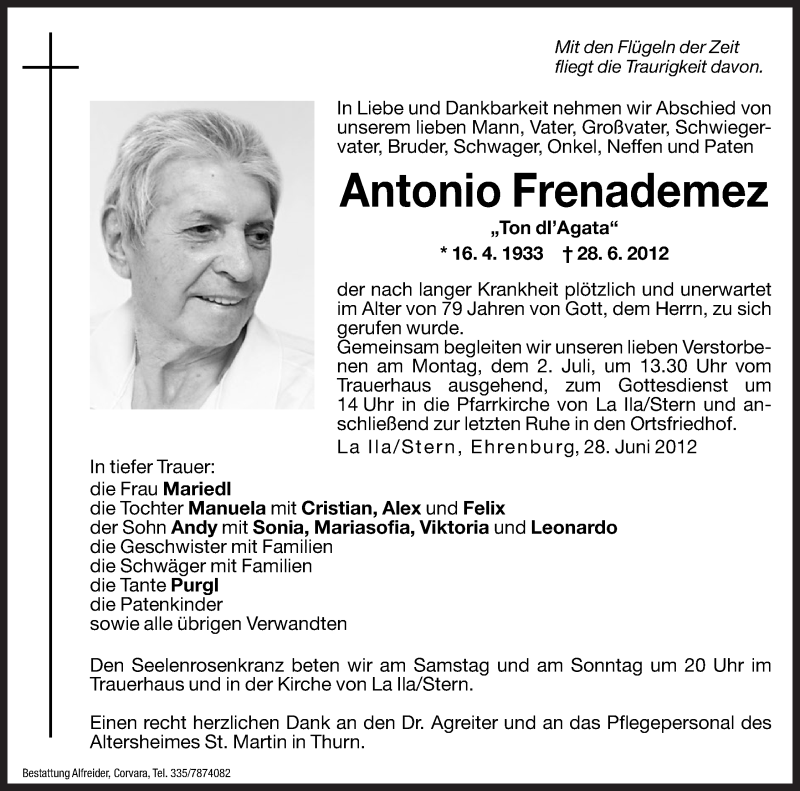  Traueranzeige für Antonio Frenademez vom 30.06.2012 aus Dolomiten