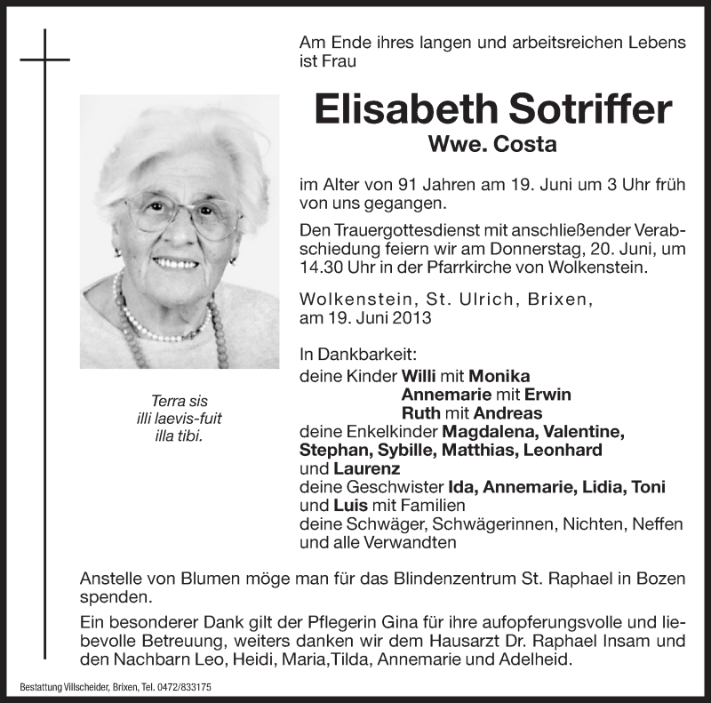  Traueranzeige für Elisabeth Costa vom 20.06.2013 aus Dolomiten