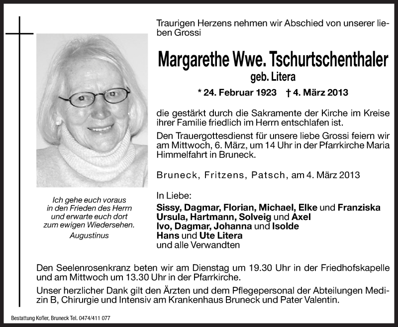  Traueranzeige für Margarethe Tschurtschenthaler vom 05.03.2013 aus Dolomiten