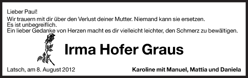  Traueranzeige für Irma Hofer Graus vom 09.08.2012 aus Dolomiten