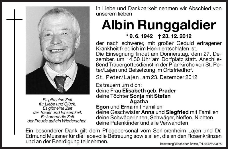  Traueranzeige für Albin Runggaldier vom 27.12.2012 aus Dolomiten