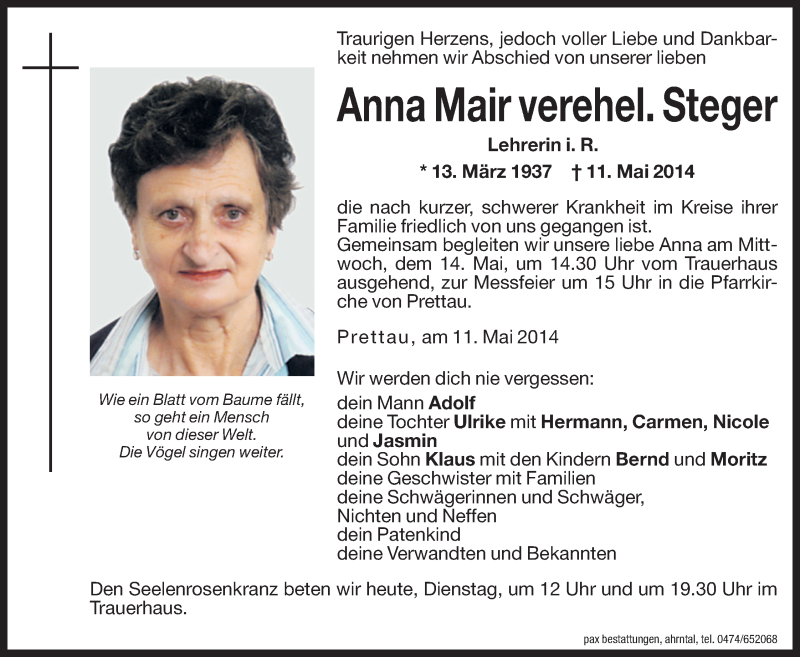  Traueranzeige für Anna Mair vom 13.05.2014 aus Dolomiten