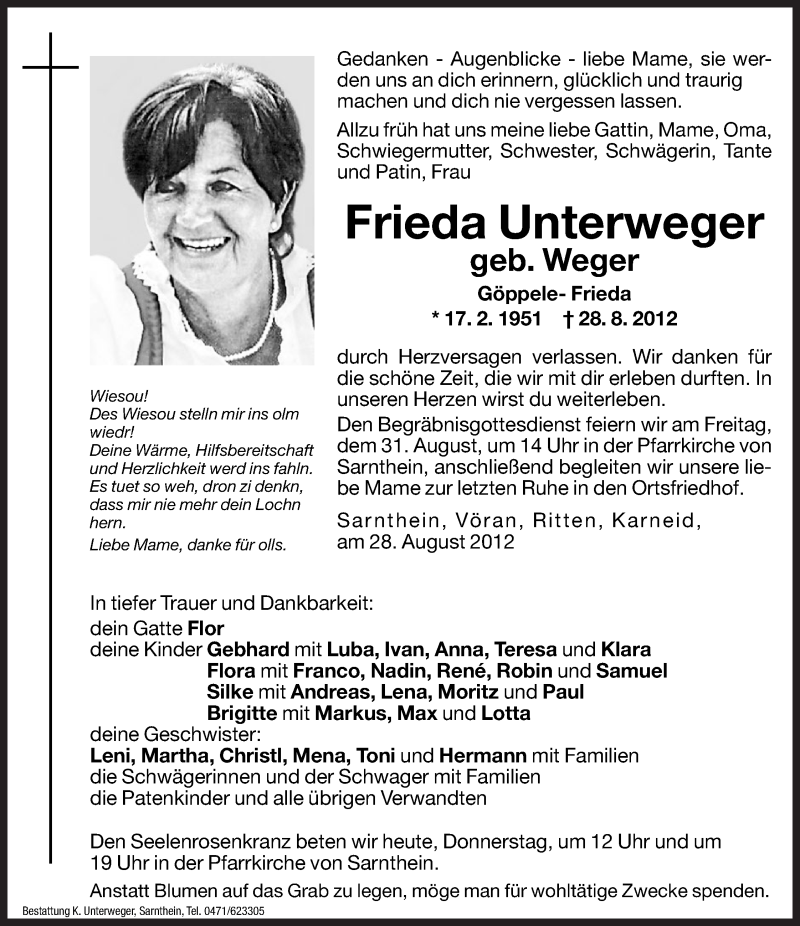  Traueranzeige für Frieda Unterweger vom 30.08.2012 aus Dolomiten