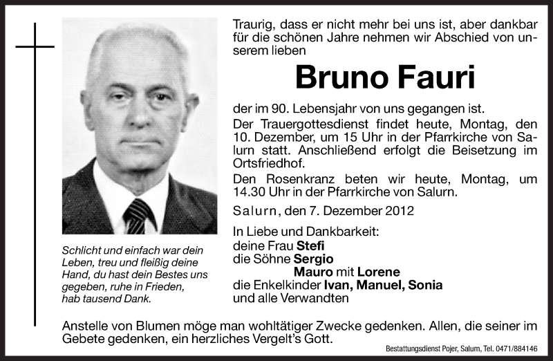  Traueranzeige für Bruno Fauri vom 10.12.2012 aus Dolomiten