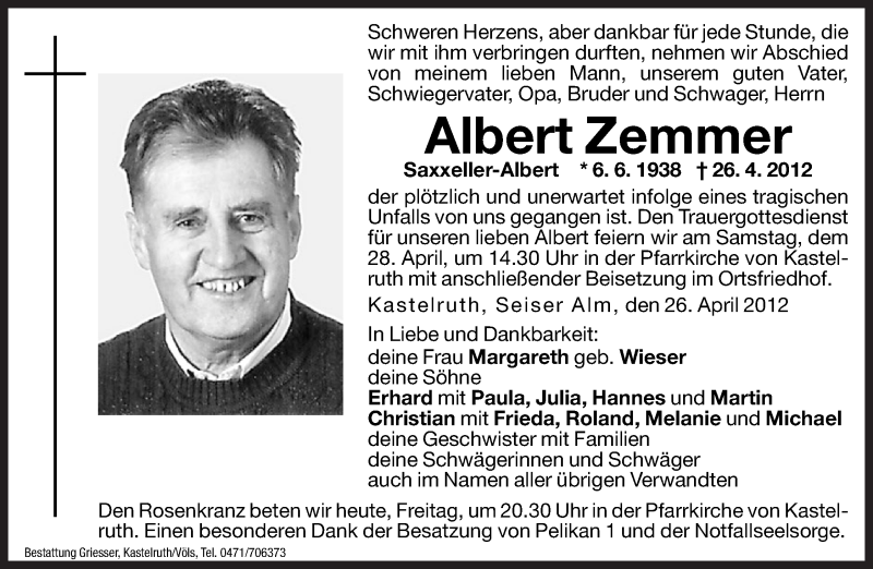  Traueranzeige für Albert Zemmer vom 27.04.2012 aus Dolomiten